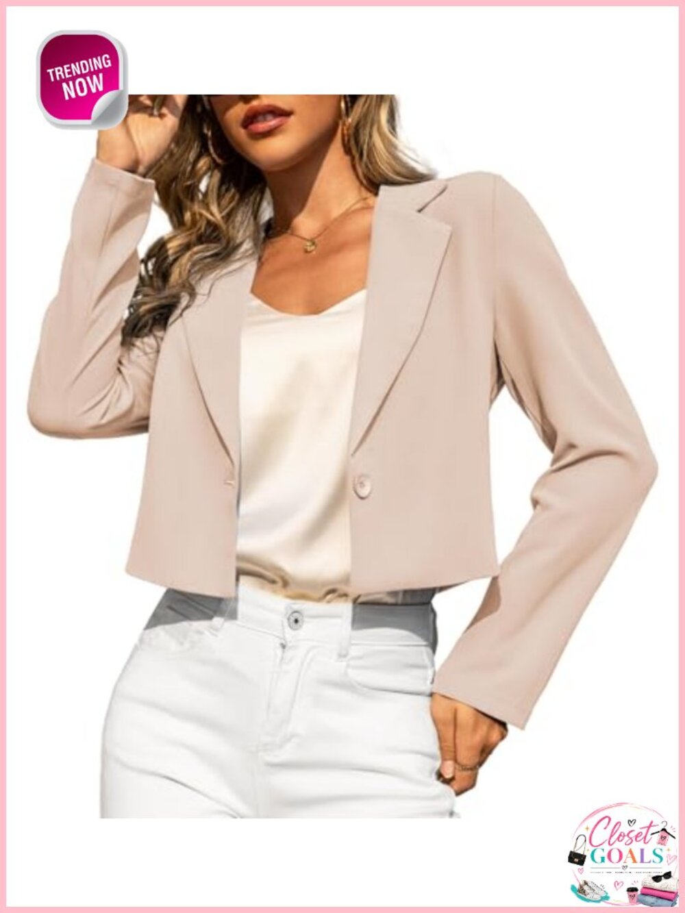 Cropped Blazer Women Single Button Notched Lapel Polyester Work Jacket